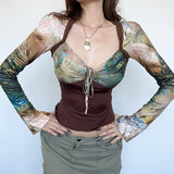 Zingj Abstract Print Stretch T-Shirt Fall 2023 New Slim Slim Low Breast Horn Sleeve