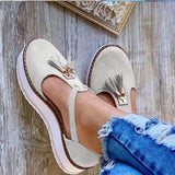 New English Style Round Head Belt Buckle Thick Heel Tassel Sling Thick-Soled Sandals From