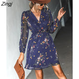 PETAL V-neck Chiffon A-Line Mini Dress Woman Navy Floral Sexy Long Sleeve Party Dress 2023 Spring Autumn Female