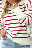 Women's Striped Knitted Jumper Oversize Winter V Neck Casual Tops Polo Pullover Women Long Sleeve Sweaters for