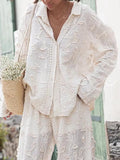 Solid Applique Flower Pant Sets Women Fashion Long Sleeves Buttons Shirt Wide Leg Pants Suits New Office Lady