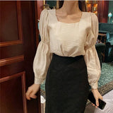 Shirts Solid Puff Sleeve Loose Princess Style Square Collar Ladies Party Wear Retro Korean Style Female New Spring