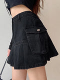 Streetwear Cargo Style Black High Waist Denim Skirt Mini Solid Pockets Casual Pleated Skirt Women Goth Korean