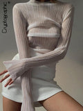2022 Fall Elegant See Through Long Sleeve Mock Neck Women Tops Fashion Streetwear Sexy T-Shirts Tees Slim