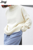 Women's Turtleneck Sweater White Jumper Warm Knitwear Green Pullover Women Thick Loose Elegant Sweater for Women