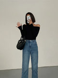 Skew Collar Off-shoulder Long-sleeved T-shirts Women Spring 2023 New Solid Slim Fit Crop Top Sexy Hollow Out Tees