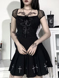 Tops Goth T-shirt Women Bodycon Bandage Lace Black T-shirts Gothic Streetwear Sexy Female Top Casual Mesh