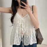 V-Neck Lace-Up Floral Mesh Bow Knot BlouseOutfit