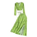 Zingj And Autumn Holiday Style Vintage Flower Suit Women's Long-Sleeved French Thin V-Neck Blouse + Forked Skirt Two