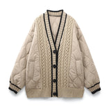 And Winter New Tricolor Knitted Spliced V-Collar Loose Version Cotton