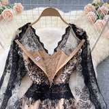 New Woman Chic Black Lace Dresses 2023 Palace Style Vintage Ins Heavy Industry Embroidery Lace Mid-length Female