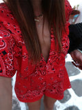 Women Red And Black Paisley Puff Sleeves Deep V-neck Jumpsuit Shorts Causal Female Elastic Waistband Vacation