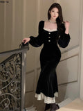 Lantern Sleeve Mermaid Party Dresses Women Elegant Vintage Lace Evening Prom Vestidos Spring Autumn Female