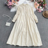 Zingj Temperament Aging Solid Color Simple Dress Autumn Dress Korean Version Fashion Bubble Long Sleeves Show Thin Button Long Skirt