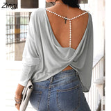 Autumn Spring Women Fashion Elegant Sexy Long Sleeve Ladies Open Back Top Solid Beaded Strap Backless Twisted