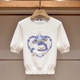 New Beading Embroidery Puff Sleeve Sweater Fashion Women Knitted Pullover Slim Fit Short Knitwear Y2K Casual