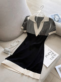 Summer Polo Collar Short Sleeve Knitted Dress Women Korean Fashion Casual Straight Loose Knitting Short