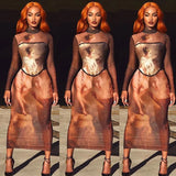 Women Fashion Autumn Winter Long Sleeve Printed Bodycon Slim Pencil Long Dress 2021 Fall Clothes Streetwear
