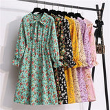 Summer Dress Women Lady Korean Style Vintage Floral Printed Cotton-Chiffon Shirt Dress Long Sleeve Bow Midi Dress