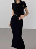 Sleeve Polo Collar Knitted Bodycon Long Dress Women Fashion 2023 Summer Black Sweater Dress Female Streetwear