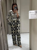 Women Fashion Geometric Printed Pants Suit Casual Lapel Single Breasted Shirt Loose Trousers Set New Female Chic