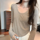 U-Collar Long-Sleeved T-Shirt Women's New Autumn Design Sense Of Niche Slim Bottomed