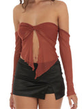 Women Summer Mesh Sheer See Through T-shirts Crop Tops Solid Color Off Shoulder Front Split Knotted Tees Shirts