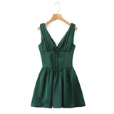 Green Stain Pleated V-neck Mini Dress- Outfit