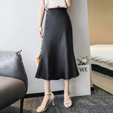 Women Summer Midi High Waist Satin Skirt Elegant A-Line Solid Office Ladies