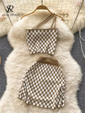 Women Summer Plaid Knit Set 2022 Retro Casual Vacation Elastic Waist Fashion Temperament A Line Mini Two Piece