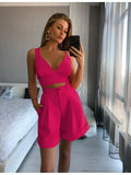 Summer V Neck Strap Crop Top + High Waist Shorts Women's Solid Color