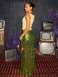 Green Sequin Straight Maxi Skirt- Outfit
