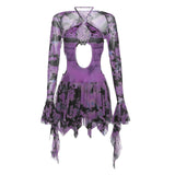 Women Summer Y2K 2Pcs Sleeveless Tie-Dye Print Cutout Backless Ruffled Party Mini Dress + Long Flare Sleeve Shrug