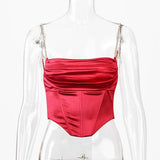 Multi-Layer Diamonds Strap Tank Tops For Women Sexy Backless Clubwear Camisole Satin Lace Up Slim Top Bodycon