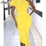 Spring Women Elegant Sexy Solid White Cocktail Midi Dresses Asymmetrical One Shoulder Ruched Irregular Formal Party