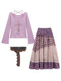 Hot Girl Suit Women's Winter Neck Halter Top Plaid Patchwork Irregular Skirt Belt Three-piece Set Fashion Female