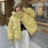Knit Sleeve Advanced Sense Down Jacket Women's 2024 Winter New Thread Sleeve Standing Collar Warm White Duck Down Short Bread Clothing-Outfit