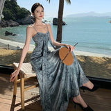 Zingj New Chinese Style Cold Sense Tie-Dye Ink Blue Halter Dress Temperament Shows White Chinese Style And Literary