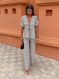 Women's Retro Printed Pants Suit Summer V-neck Lace Up Short Sleeve Shirts Elastic Waist Pant Set Female Fashion High