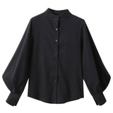 Lantern Sleeve Blouse Women Autumn Winter Single Breasted Stand Collar Shirts Office Work Blouse Solid Vintage Blouse