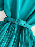 Vintage Pleated Midi Dress Women Green/Red/Blue Square Collar Puff Short Sleeve High Waist Draped Vestidos Female