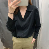V-neck Office Shirt Korean Long Sleeve Polo Collar Women Clothing Solid Chiffon Blouse Womens Tops