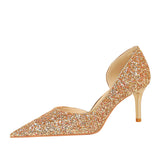 Zingj Sexy Nightclub Show Thin Department With High Heel Shallow Pointed Side Hollow Shining Sequined Single