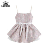Pink Jacquard Straps Dress French Bow Lacing Sleeveless Casual Fashion Vintage High Waist Sexy Short Skirt Ladies