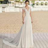 Illusion Cap Sleeves Lace Chiffon Boho Chic Wedding Dresses for Women Sexy Deep V-Neck Bride Gowns Ivory robe de mariée