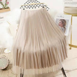 Both Sides Wear Pearls Mesh Skirt Women 2025 Summer Velvet High Waist Long Skirts Woman Solid Color A Line Pleated Skirts 211-1-Outfit
