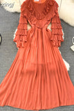 Vintage Women Pleated Party Long Dress Elegant Round Neck Lantern Sleeve High Waist Ruffle Draped Maxi Vestidos