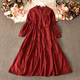 Zingj Temperament Aging Solid Color Simple Dress Autumn Dress Korean Version Fashion Bubble Long Sleeves Show Thin Button Long Skirt