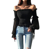 Color Pleated Bow Fashion Women Ladies Long Sleeve Off Shoulder Cropped Tops Blouse Shirt Lace Up Corset
