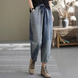 Spring New Arts Style Women Elastic Waist Patchwork Stripe Cotton Denim Harem Pants All-matched Casual Loose Jeans